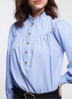 Vanessa Bruno PAMINA - Gestreepte, Katoenen Top Met Opstaande Kraag | Blauw