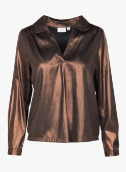 Vila Blouse Met V-hals En Glanzend Effect | Bruin -MORGAN Verkoop 3947975