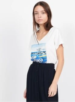 ONE STEP Katoenen T-shirt Met V-hals En Print | Wit