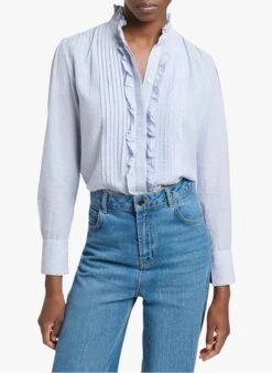 Vanessa Bruno NICOLAS - Gestreepte Blouse Van Katoen En Linnen Met Victoriaanse Kraag | Blauw -MORGAN Verkoop 3953872