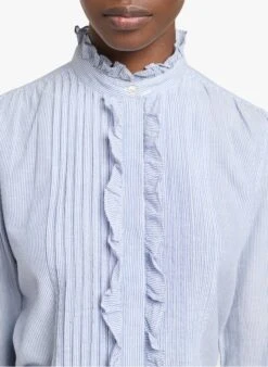 Vanessa Bruno NICOLAS - Gestreepte Blouse Van Katoen En Linnen Met Victoriaanse Kraag | Blauw