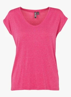 Pieces T-shirt Met V-hals En Smal Streepjesmotief In Glansdraad | Roze -MORGAN Verkoop 3965481