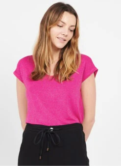 Pieces T-shirt Met V-hals En Smal Streepjesmotief In Glansdraad | Roze