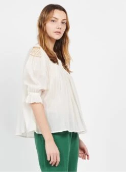 Katoenen Blouse Met Ronde Hals | Beige