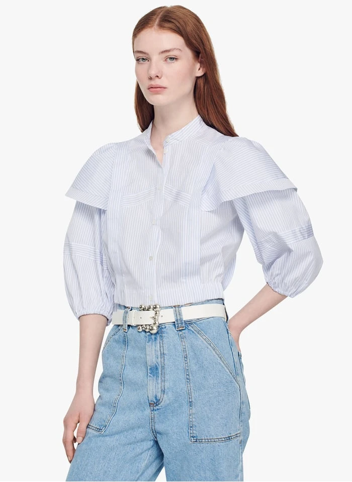 Sandro YZEURE - Katoenen, Korte Blouse Met Strepen En Maokraag | Wit 5 Sandro YZEURE - Katoenen, Korte Blouse Met Strepen En Maokraag | Wit - Afbeelding 3