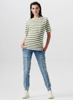 SUPERMOM EDISON - Katoenen Zwangerschapsshirt Met Matrozenstrepen | Kaki -MORGAN Verkoop 4003955