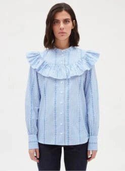 CLAUDIE PIERLOT CALMI - Gestreepte, Katoenen Blouse Met Volants |