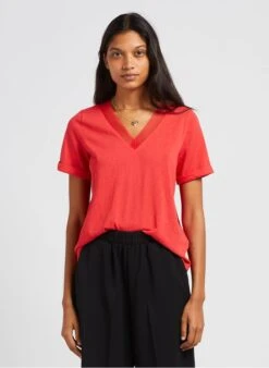 INTENTION - Gemêleerd T-shirt Van Tule Met V-hals | Rood