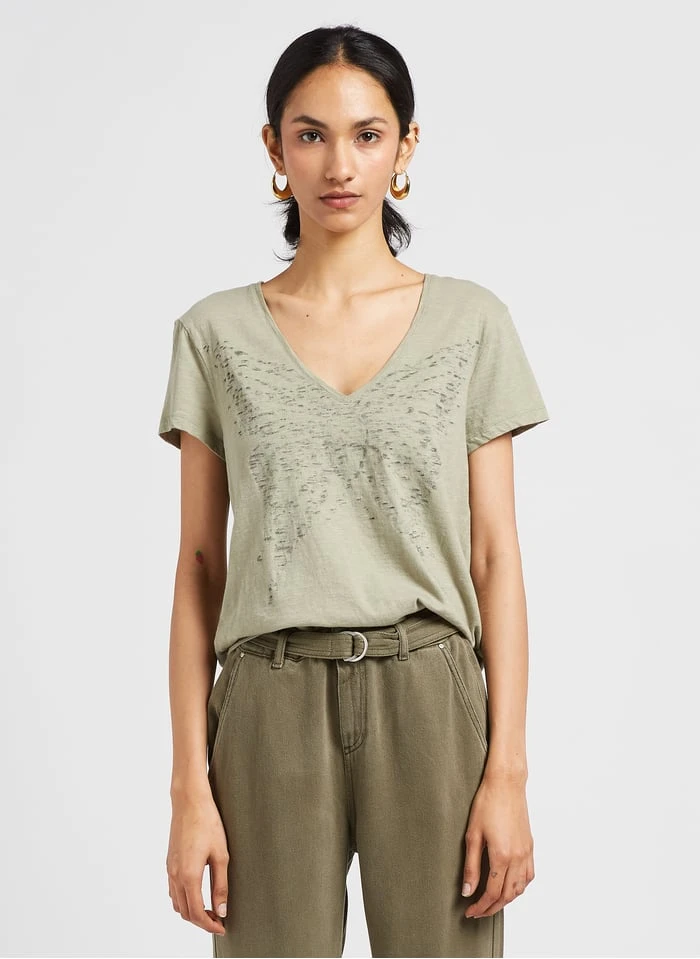 Ikks Katoenen T-shirt Met V-hals En Print | Groen