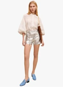 Maje IROSUM - Glanzend, Recht, Leren Short | Zilver -MORGAN Verkoop 4088309