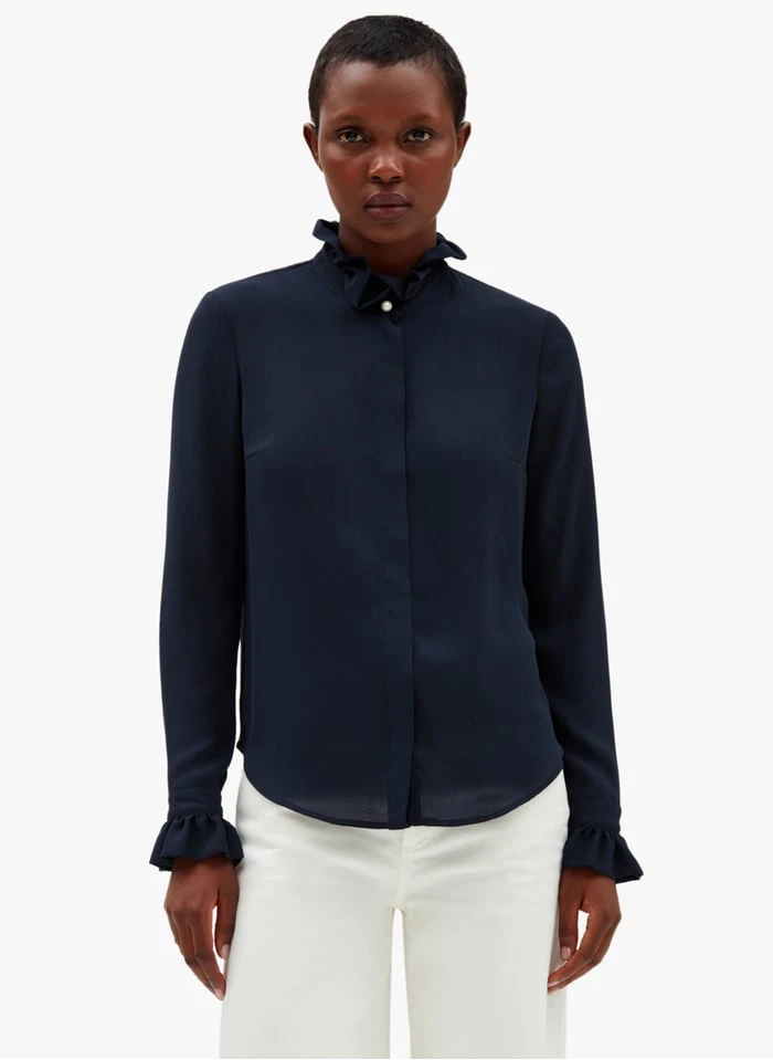 CLAUDIE PIERLOT COLOMBE FLOU - Blouse Van Crêpe Met Victoriaanse Kraag | Blauw 3 CLAUDIE PIERLOT COLOMBE FLOU - Blouse Van Crêpe Met Victoriaanse Kraag | Blauw