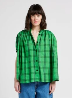 AJMER - Ruimvallende, Katoenen Blouse Met Maokraag | Groen