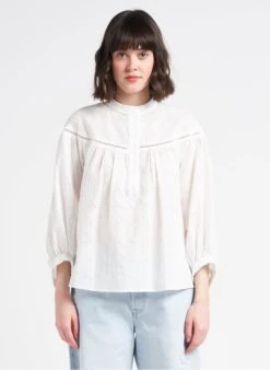 Wijde, Katoenen Blouse Met Maokraag | Wit