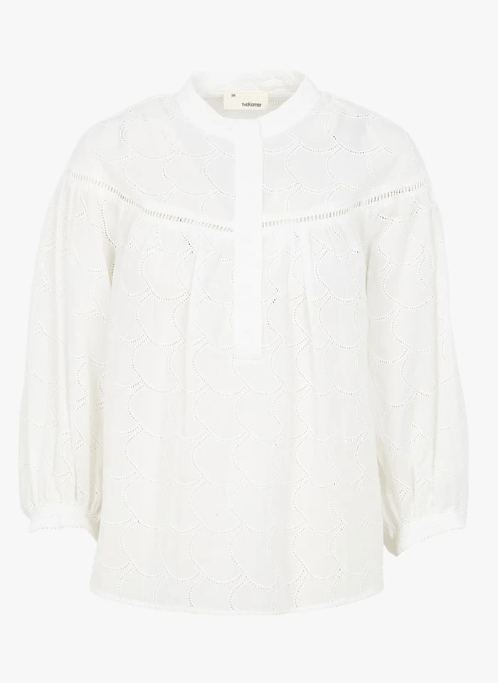 Wijde, Katoenen Blouse Met Maokraag | Wit 5 Wijde, Katoenen Blouse Met Maokraag | Wit - Afbeelding 3