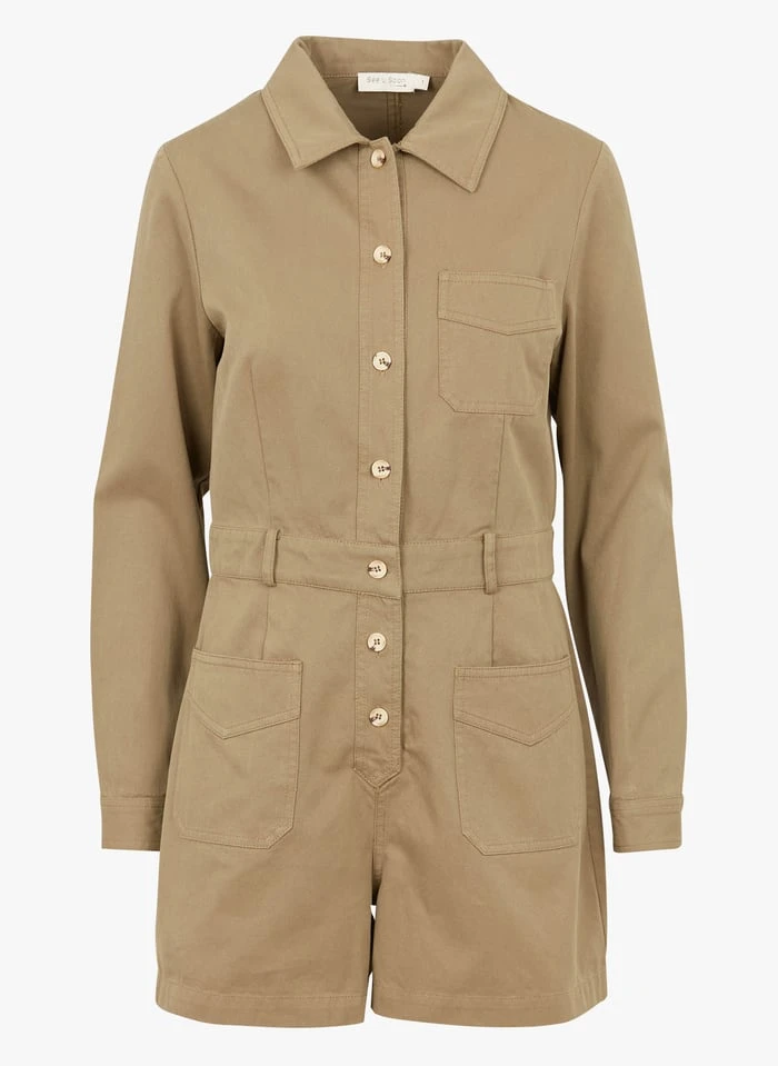 SEE U SOON Korte, Rechte, Katoenen Jumpsuit | Kaki 5 SEE U SOON Korte, Rechte, Katoenen Jumpsuit | Kaki - Afbeelding 3