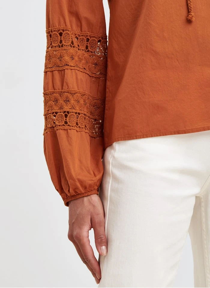 Ruimvallende, Katoenen Top Met Tuniekhals | Bruin 5 Ruimvallende, Katoenen Top Met Tuniekhals | Bruin - Afbeelding 3