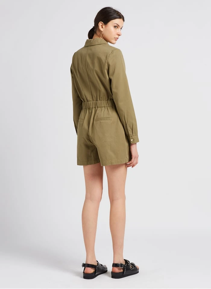 SEE U SOON Korte, Rechte, Katoenen Jumpsuit | Kaki 4 SEE U SOON Korte, Rechte, Katoenen Jumpsuit | Kaki - Afbeelding 2