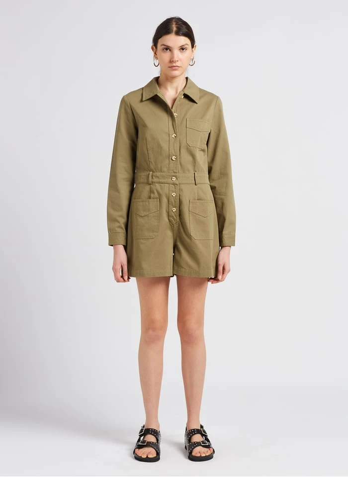 SEE U SOON Korte, Rechte, Katoenen Jumpsuit | Kaki 3 SEE U SOON Korte, Rechte, Katoenen Jumpsuit | Kaki