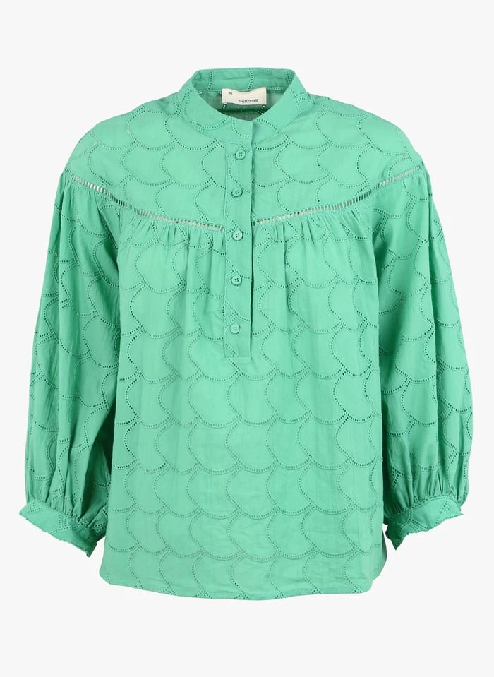 Wijde, Katoenen Blouse Met Maokraag | Groen 5 Wijde, Katoenen Blouse Met Maokraag | Groen - Afbeelding 3