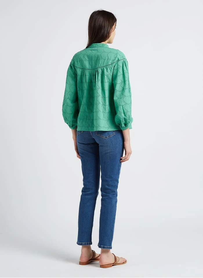 Wijde, Katoenen Blouse Met Maokraag | Groen 8 Wijde, Katoenen Blouse Met Maokraag | Groen - Afbeelding 6