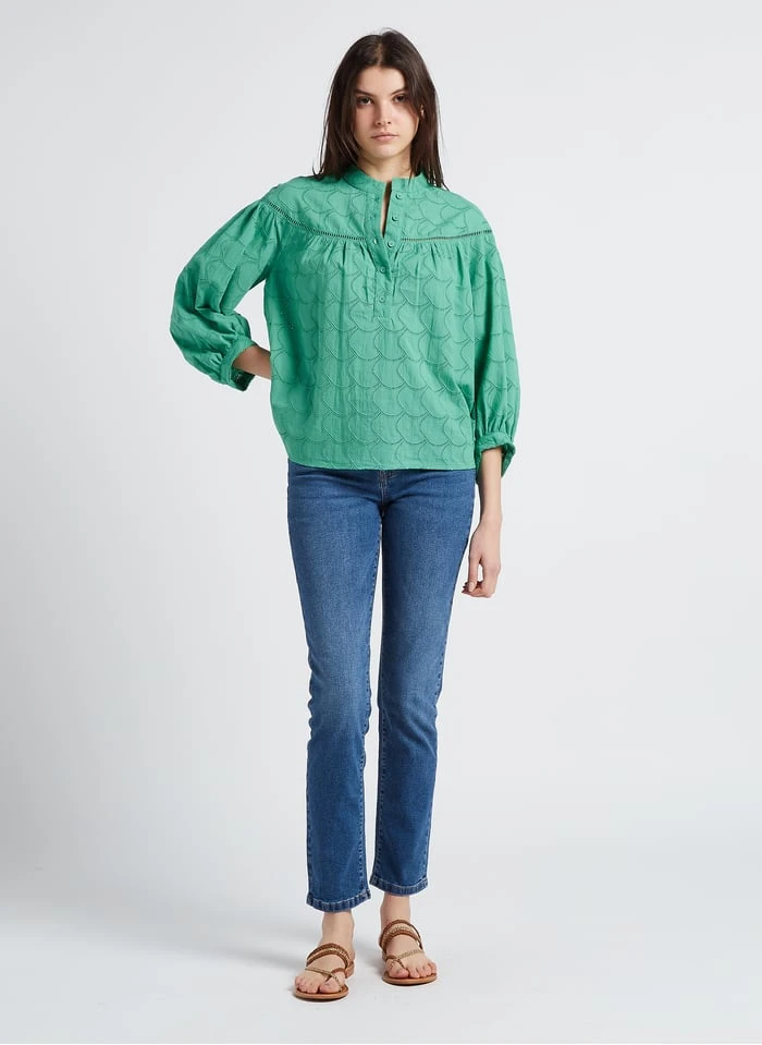 Wijde, Katoenen Blouse Met Maokraag | Groen 7 Wijde, Katoenen Blouse Met Maokraag | Groen - Afbeelding 5