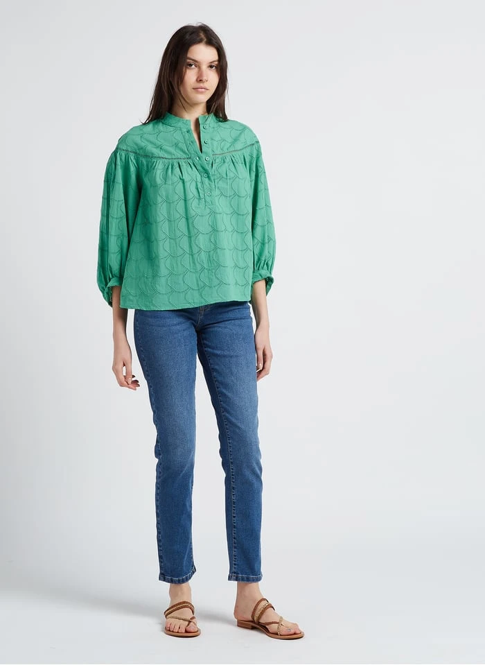 Wijde, Katoenen Blouse Met Maokraag | Groen 6 Wijde, Katoenen Blouse Met Maokraag | Groen - Afbeelding 4