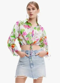 Desigual Korte, Katoenen Blouse Met Klassieke Kraag | Wit
