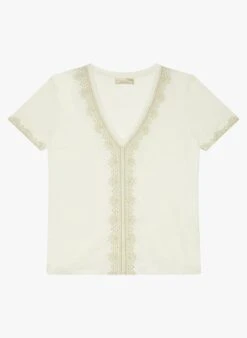 Vanessa Bruno AMAYA - Linnen T-shirt Met V-hals En Borduursel | Beige -MORGAN Verkoop 4171295