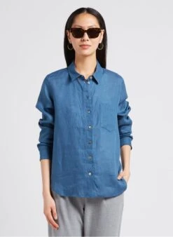 CYBA - Linnen Blouse Met Klassieke Kraag | Blauw