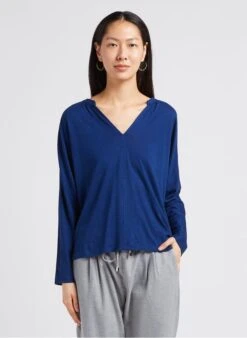 TOSHI - T-shirt Van Linnenmix Met Tunesische Kraag | Blauw