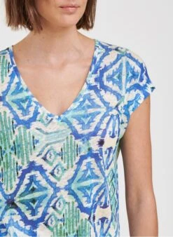 Linnen T-shirt Met V-hals En Print | Blauw -MORGAN Verkoop 4184192