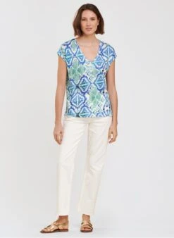 Linnen T-shirt Met V-hals En Print | Blauw -MORGAN Verkoop 4184193