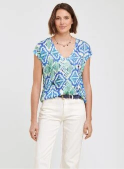 Linnen T-shirt Met V-hals En Print | Blauw