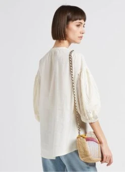 Sessun PALMARIA - Blouse Met Ronde Hals En Borduursel Katoenblend | Wit -MORGAN Verkoop 4189713