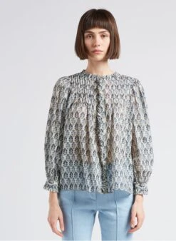 CHRISTINE - Katoenen Top Met Lange Mouw, V-hals En Print | Beige -MORGAN Verkoop 4217404