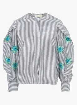 STELLA FOREST ZOLA - Gestreepte, Katoenen Blouse Met Ronde Hals En Borduursel | Zwart -MORGAN Verkoop 4220107