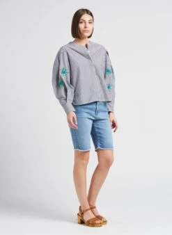 STELLA FOREST ZOLA - Gestreepte, Katoenen Blouse Met Ronde Hals En Borduursel | Zwart -MORGAN Verkoop 4229912