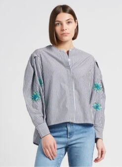 STELLA FOREST ZOLA - Gestreepte, Katoenen Blouse Met Ronde Hals En Borduursel | Zwart