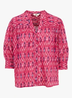CEZARINE - Rechte, Katoenen Blouse Met V-hals En Print | Roze